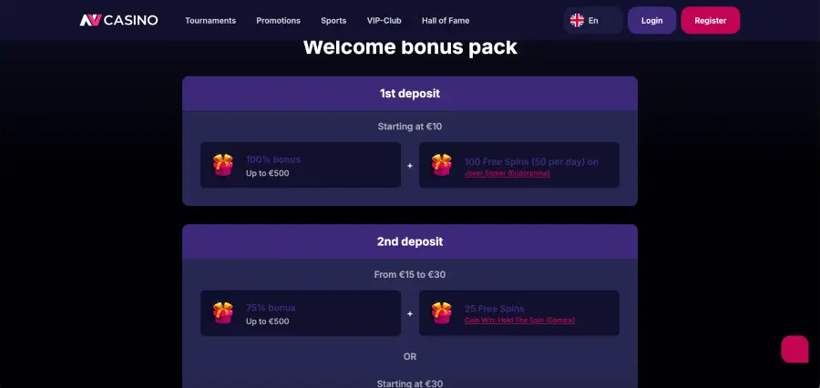 NV Casino free spins claim screen