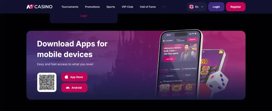 NV online-casino app auf Smartphone mit Slots und mobilem Menü