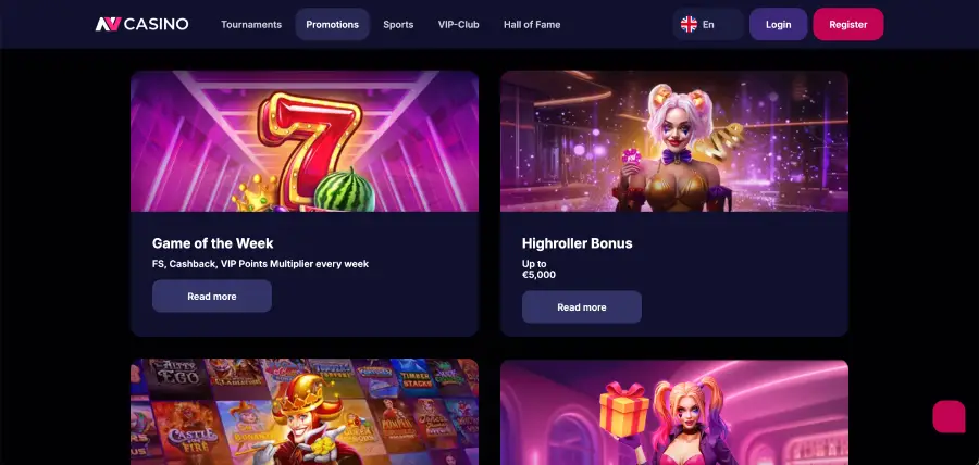 NV casino Cashback-, Reload- und VIP-Boni auf der Website