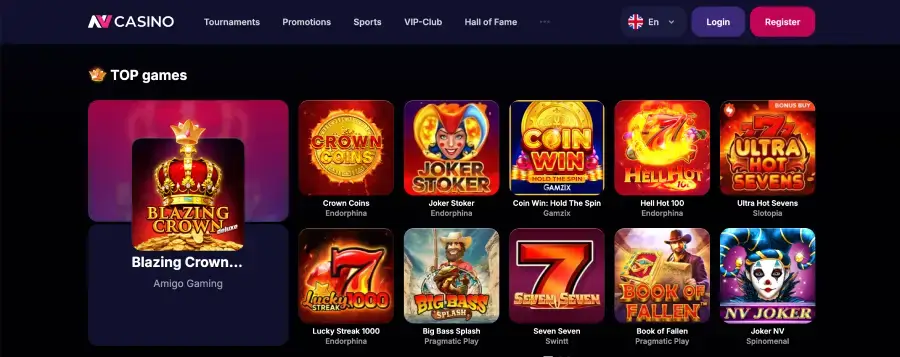 NV online-casino Slots und Live-Casino auf der Website