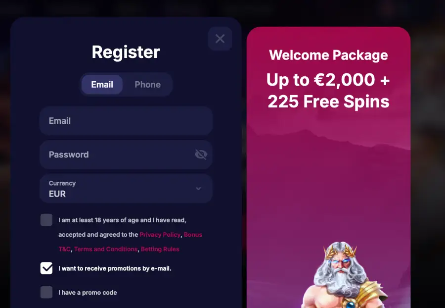 NV casino registrierung mit Formular für E-Mail, Passwort und persönliche Daten